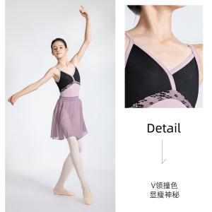 sansha三沙吊带撞色舞蹈服女 V领大背芭蕾舞练功服高胯连体服锦纶