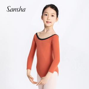 Sansha 三沙长袖舞蹈服儿童女 芭蕾舞练功服秋圆领撞色连体服演出